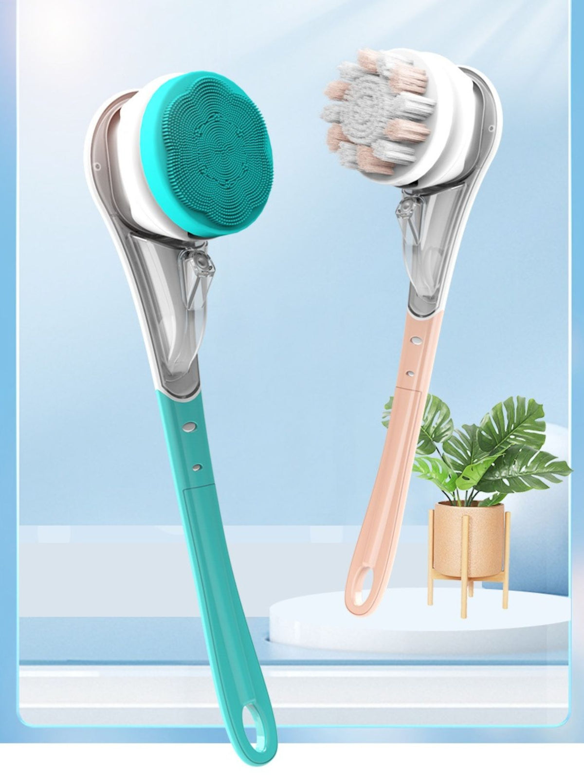 Long handle exfoliating body brush in turquoise