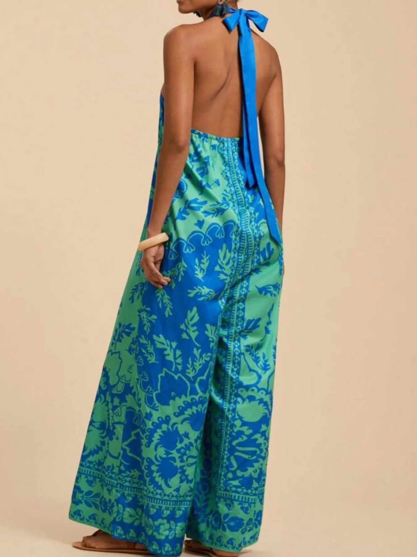 Printed Halter Wide-Leg Jumpsuit - Fashorio