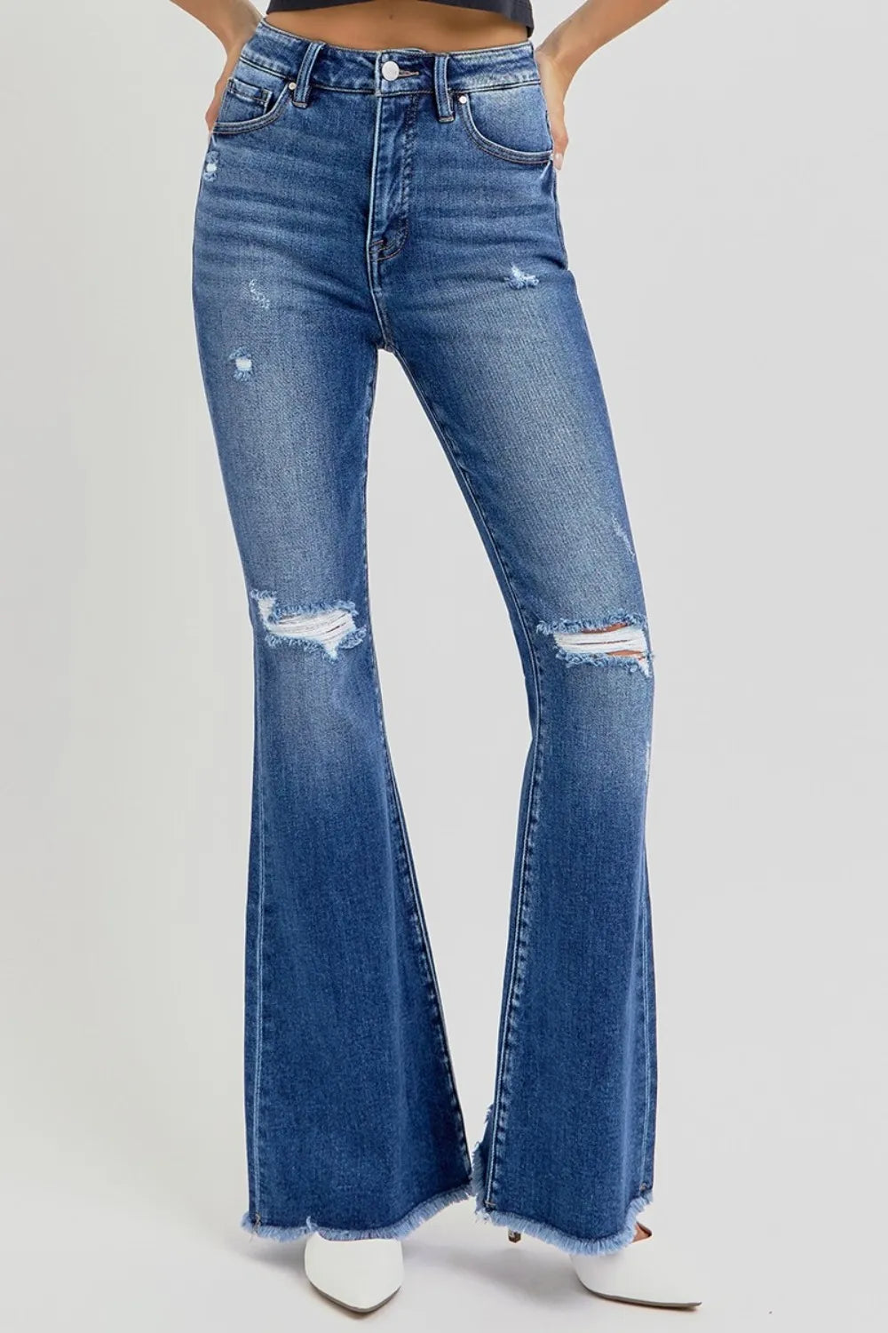 RISEN Full Size High Rise Distressed Raw Hem Flare Jeans - Fashorio