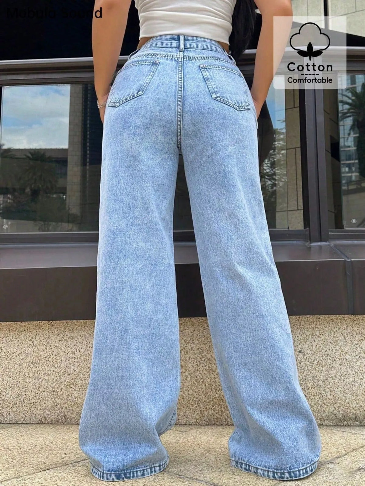 Back view of blue wide leg denim with pockets