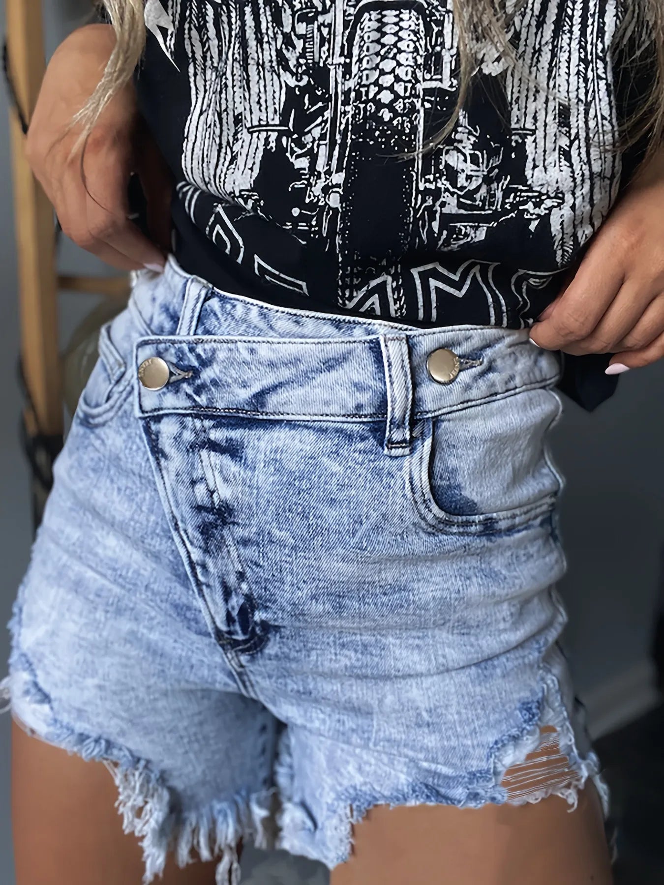 High Waisted Distressed Denim Shorts with Frayed Hem Light Blue - Fashorio