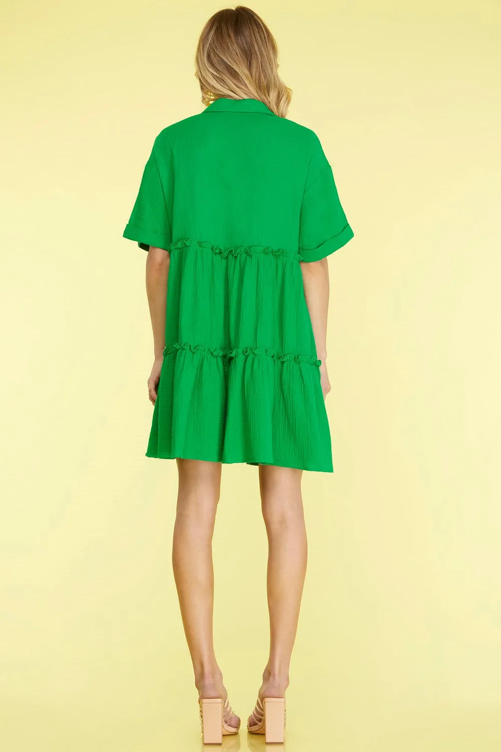 Button Front Frill Tiered Mini Dress Plus Size in Green back view