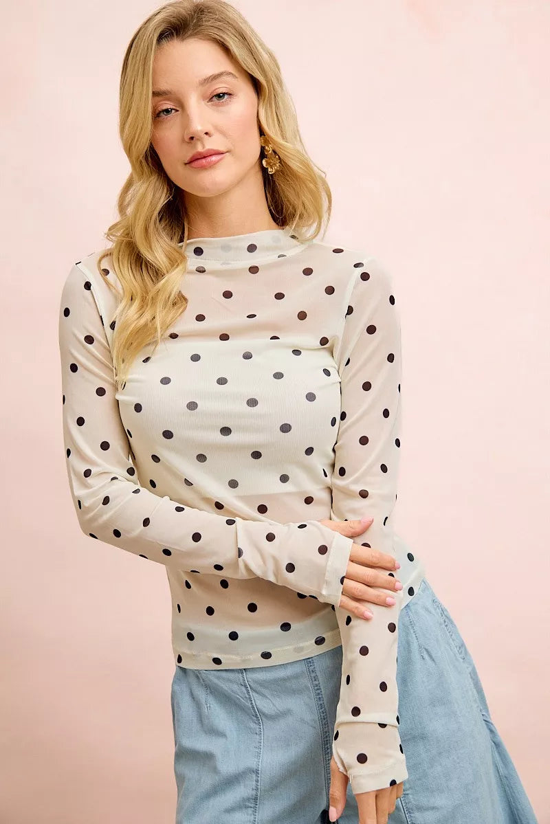 Ivory and black polka dot mock neck sheer mesh top front view