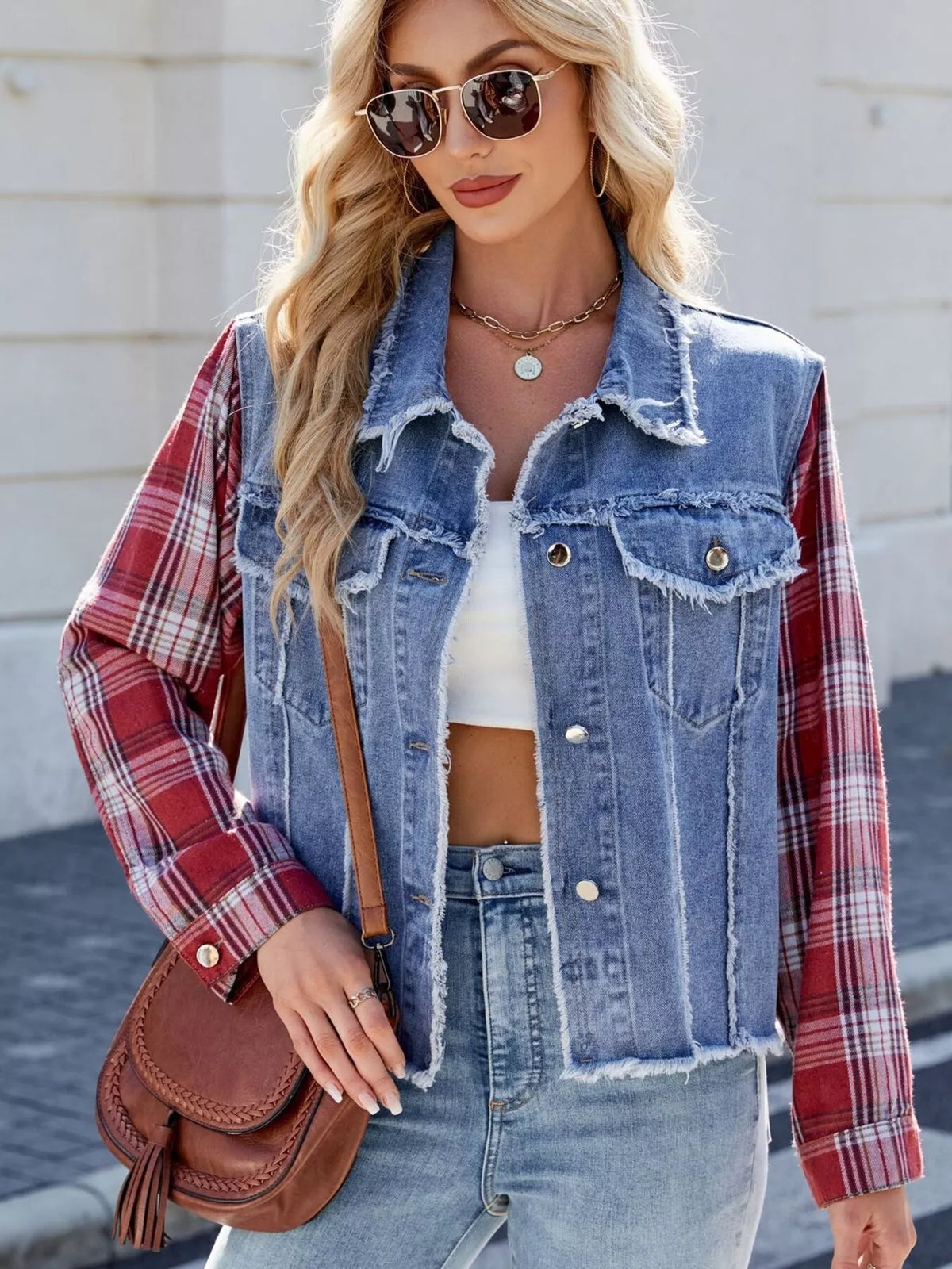 Plaid Sleeve Raw Hem Denim Jacket in Dusty Blue styled look