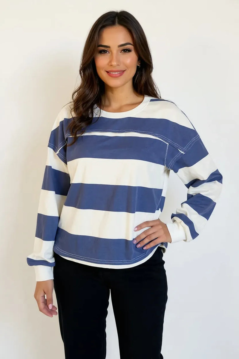 Dusty blue contrast striped long sleeve tee front view on model