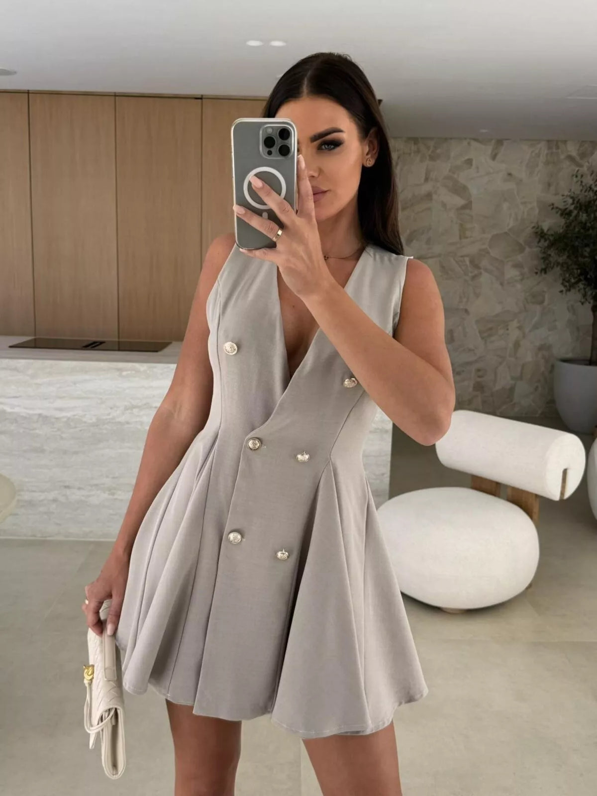 Beige double breasted V neck pleated mini dress styled view