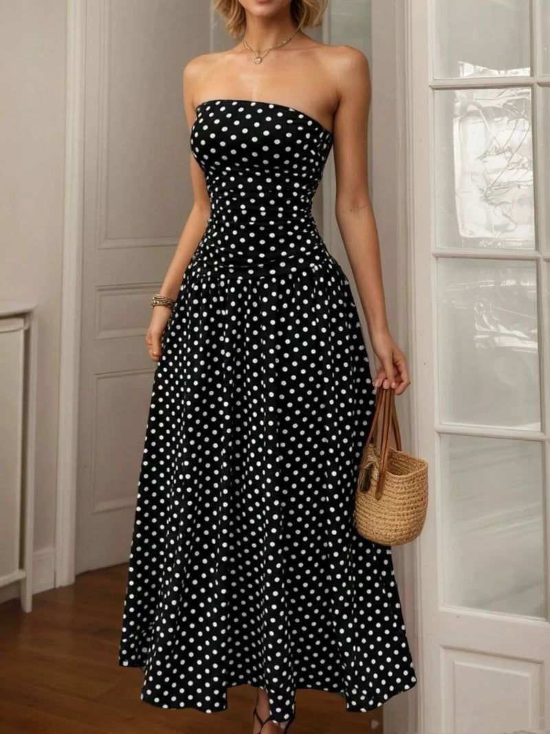 Polka dot strapless maxi dress front view