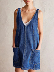 Oversized V-Neck Denim Tank Dress with Front Pockets Navy - Fashorio