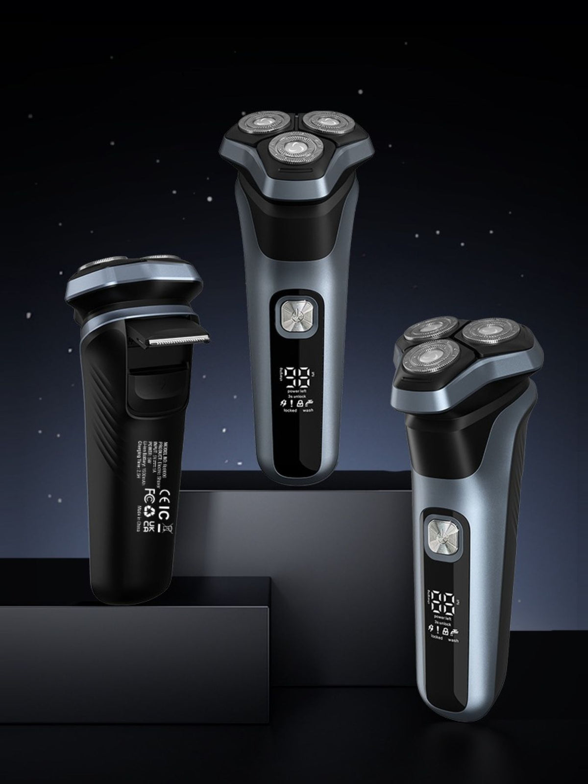Gray rotary electric shaver front view with LED display