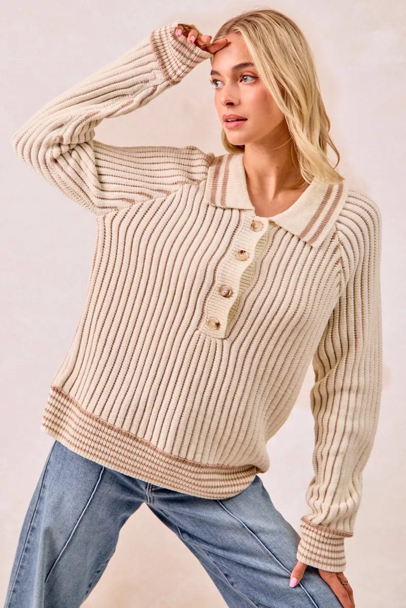 Half Button Ribbed Two Tone Sweater in Cream and Latte on model