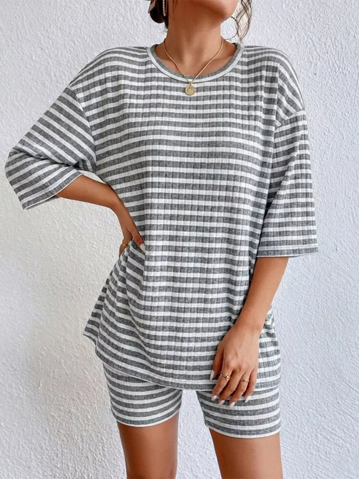 Striped Round Neck Top and Shorts Set, view 22