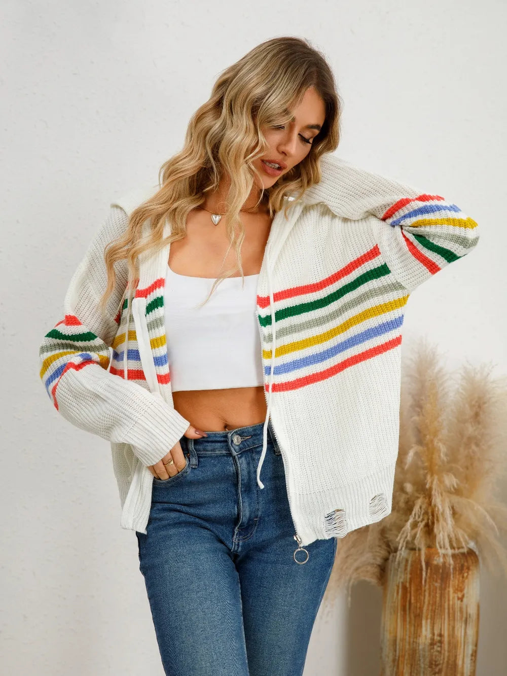 Drawstring Striped Dropped Shoulder Hooded Cardigan - Fashorio
