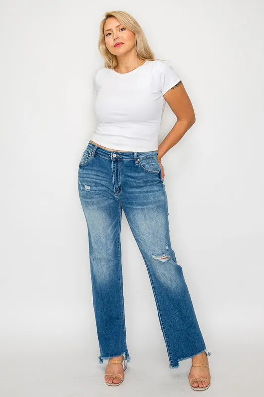 bytos Full Size Raw Hem Distressed Mid Rise Straight Jeans - Fashorio