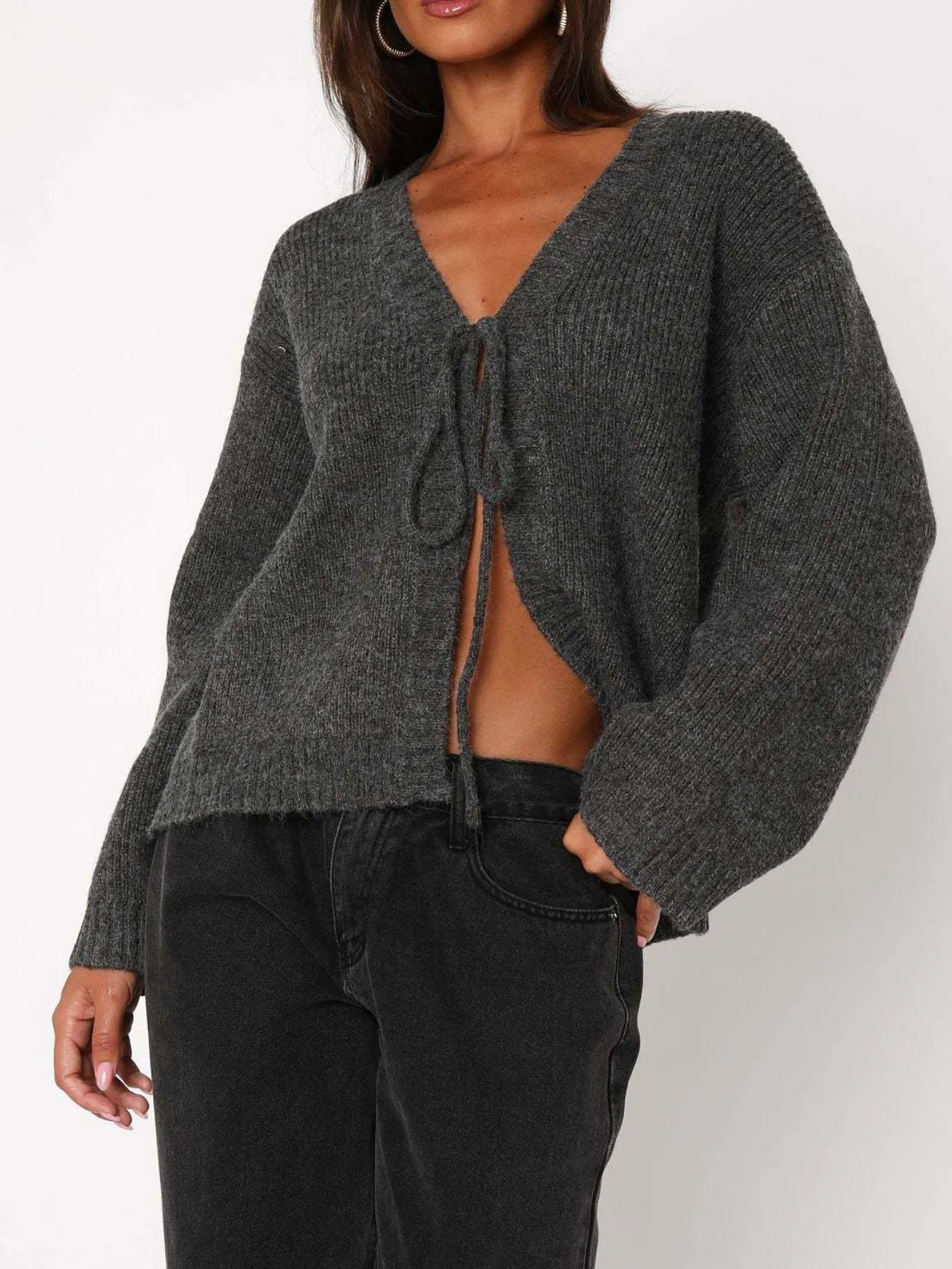 Open Front Tied Sweater Cardigan Dark Gray - Fashorio