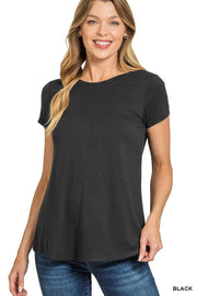 Zenana Flowy Round Hem Rayon Short Sleeve T-Shirt BLACK - Fashorio