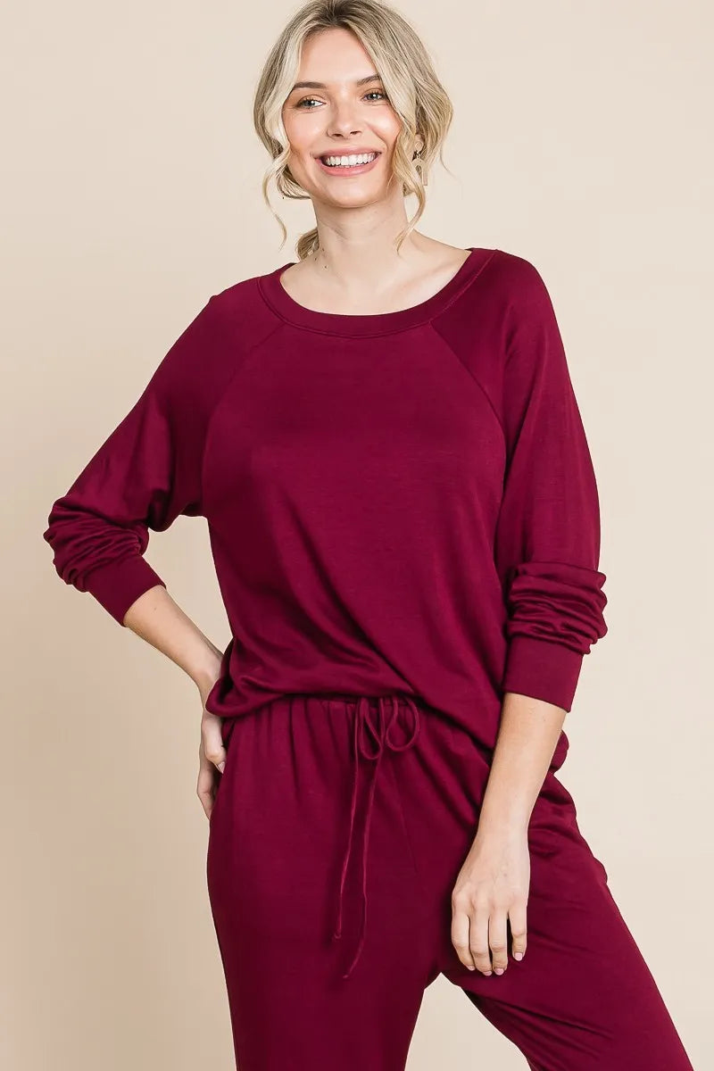 Super Lady Round Neck Raglan Sleeve Top and Pants Lounge Set Burgundy - Fashorio