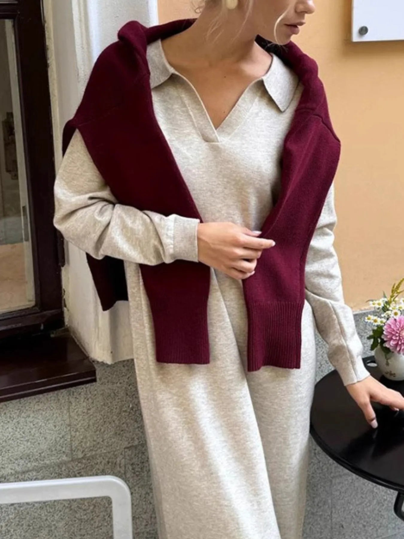 Long Sleeve Collared Neck Knit Dress - Fashorio