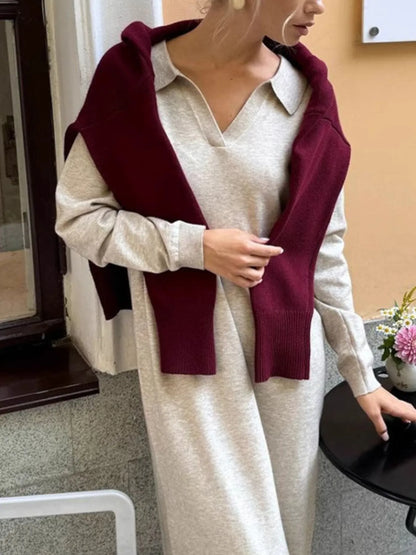 Long Sleeve Collared Neck Knit Dress - Fashorio