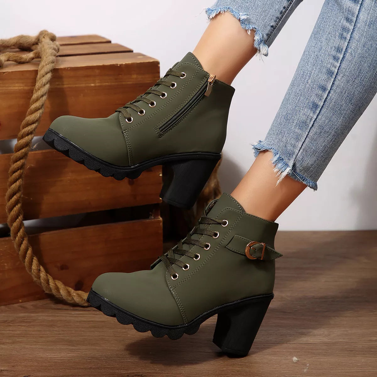 Lace up block heel suede boots heel and sole detail
