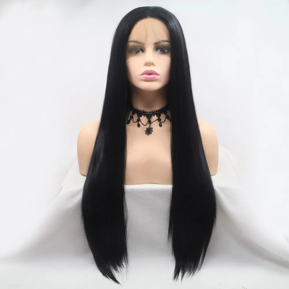 Long straight synthetic lace front wig front view