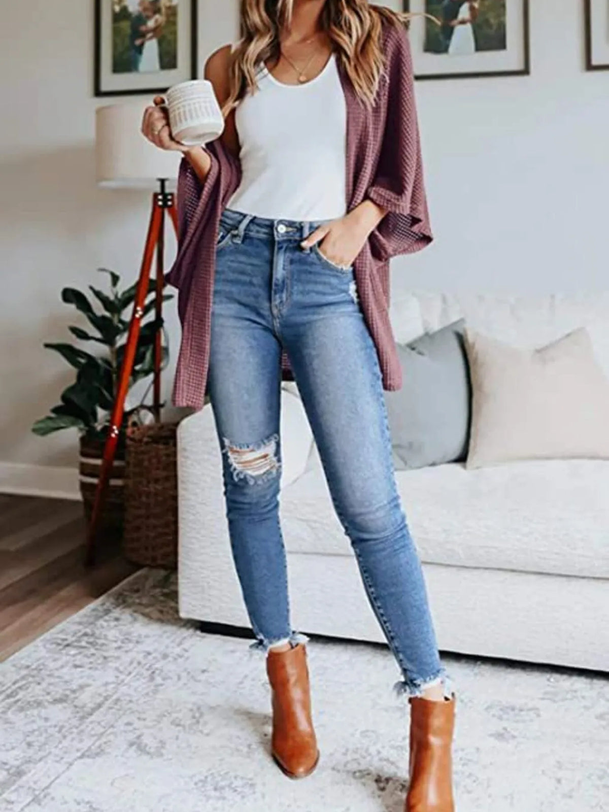 waffle knit open front plus size cardigan sleeve and cuff detail