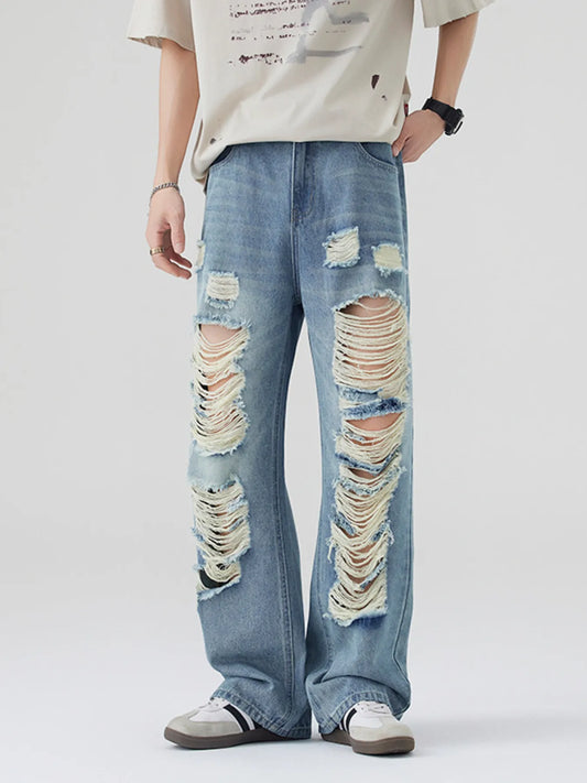 Men's Full Size Distressed Wide Leg Jeans Plus Size Blue - Fashorio