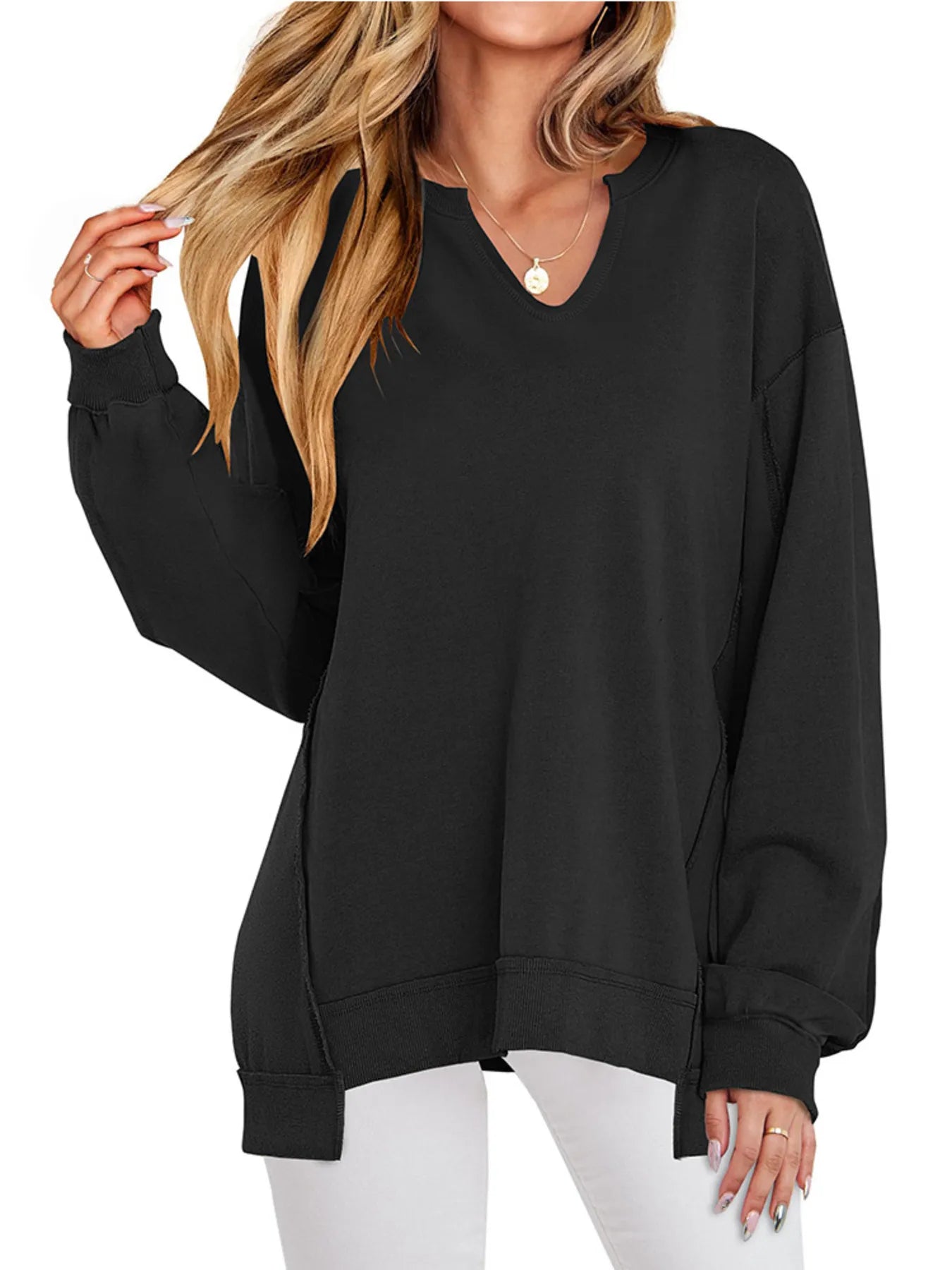 Notched Long Sleeve Oversized Sweatshirt Black - Fashorio