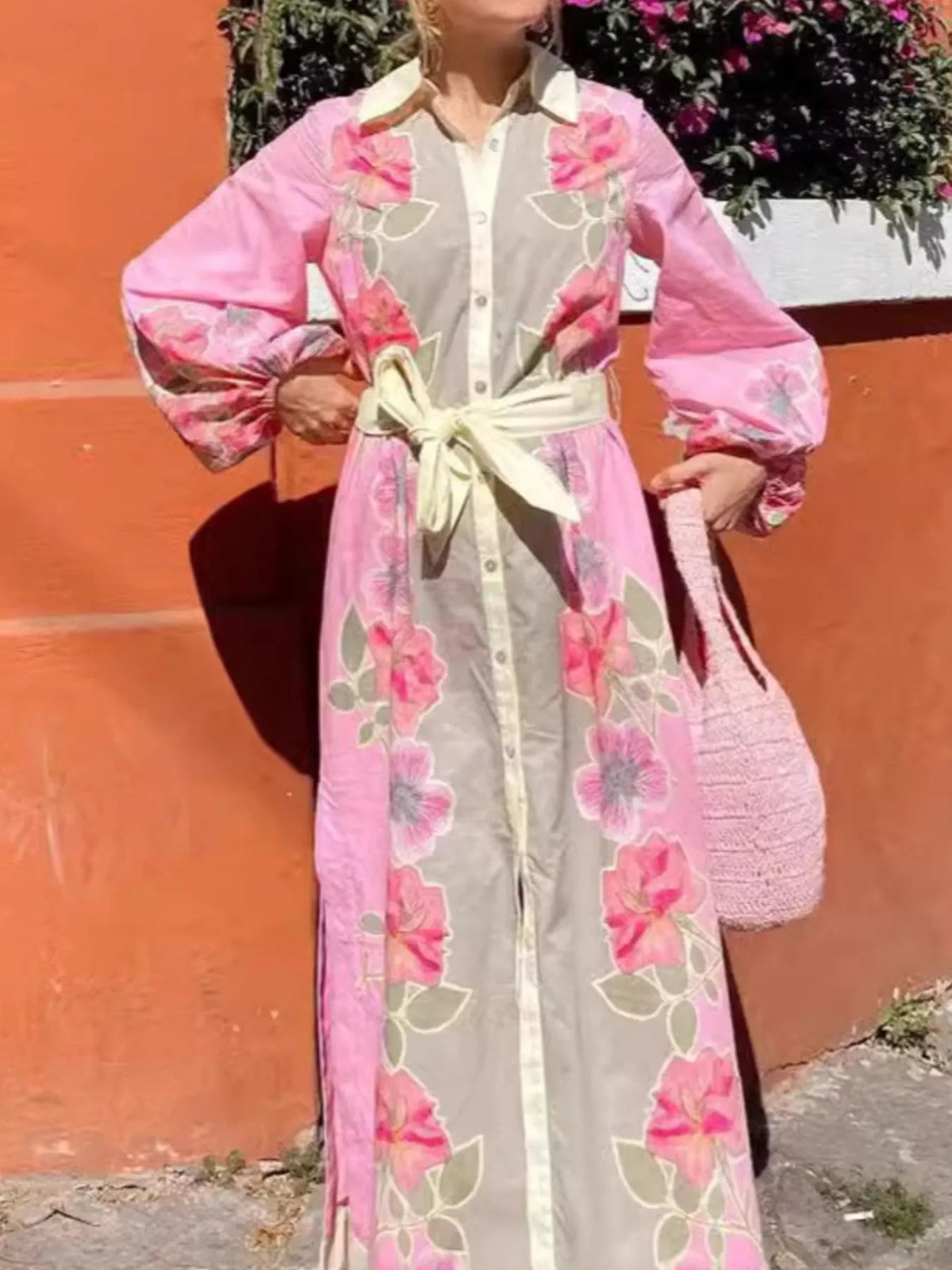 Pink floral long sleeve maxi shirt dress, side profile