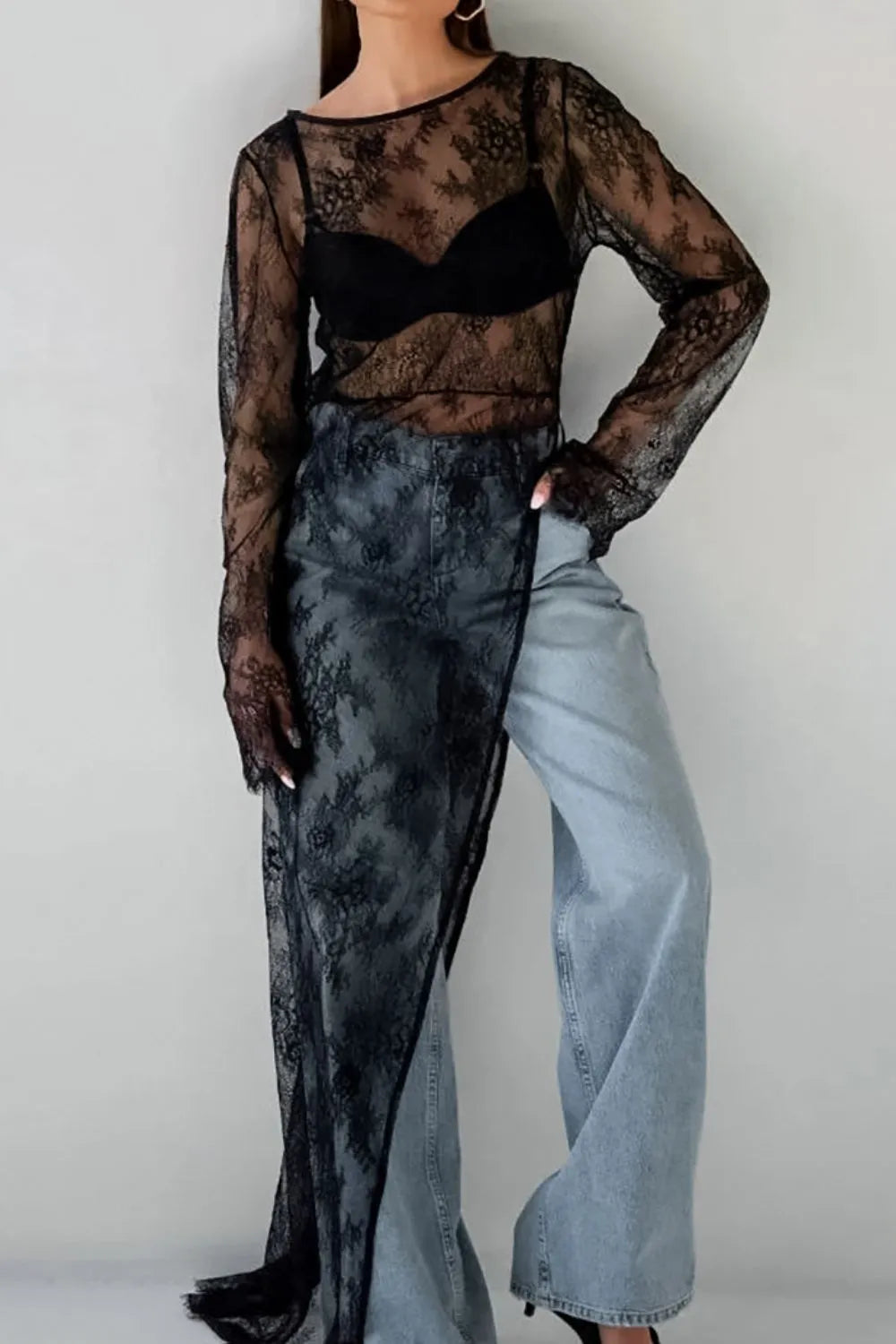 Black lace fringe top side view