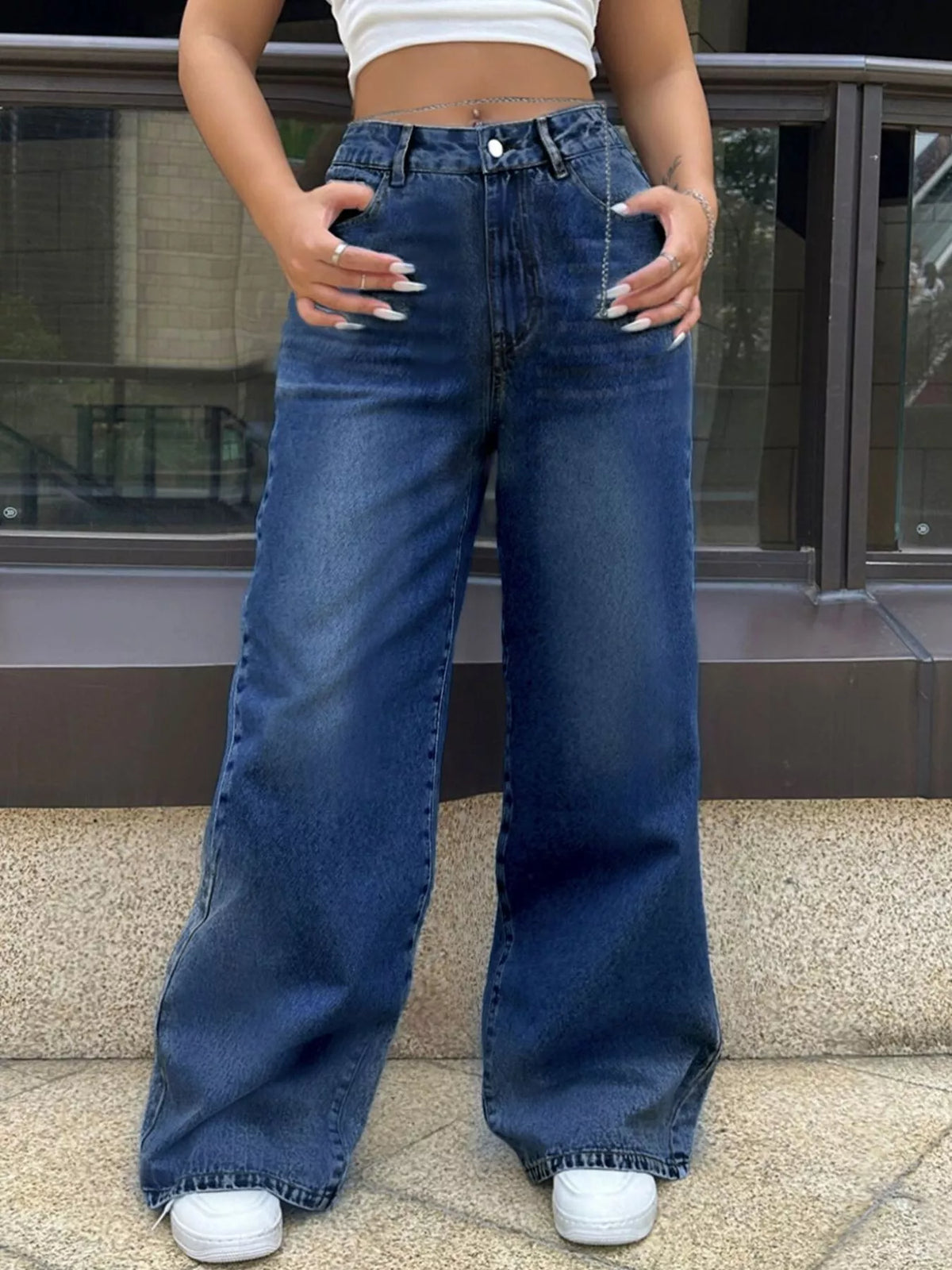 High waist wide leg jeans in dark wash front view