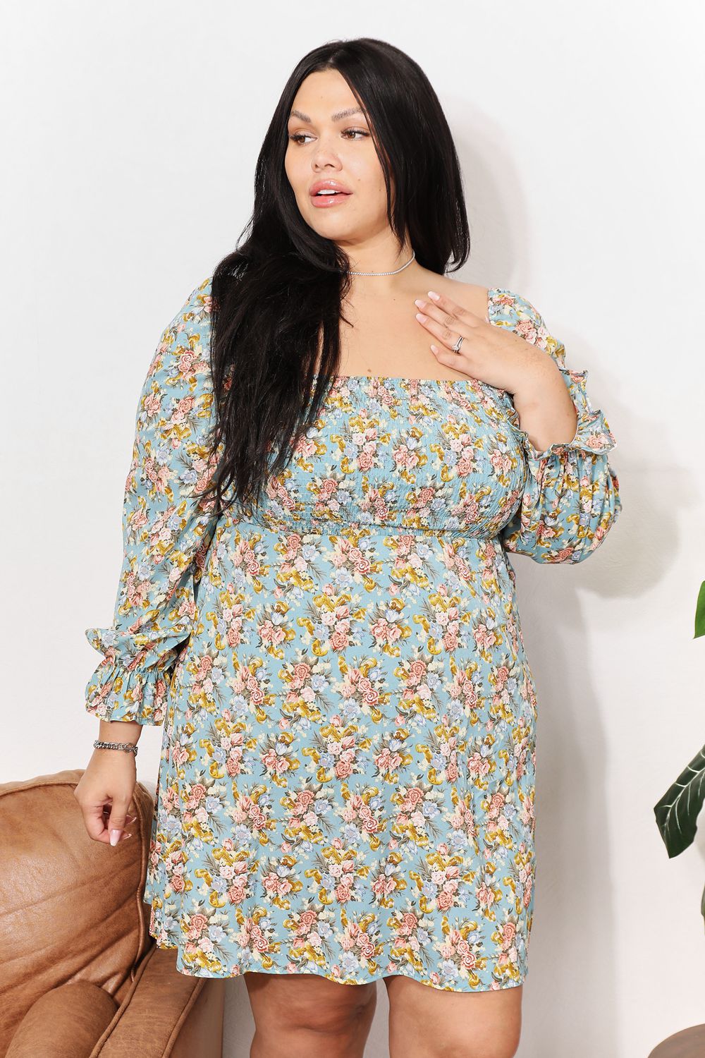 Honey Floral Smocked Flounce Sleeve Square Neck Dress view 7