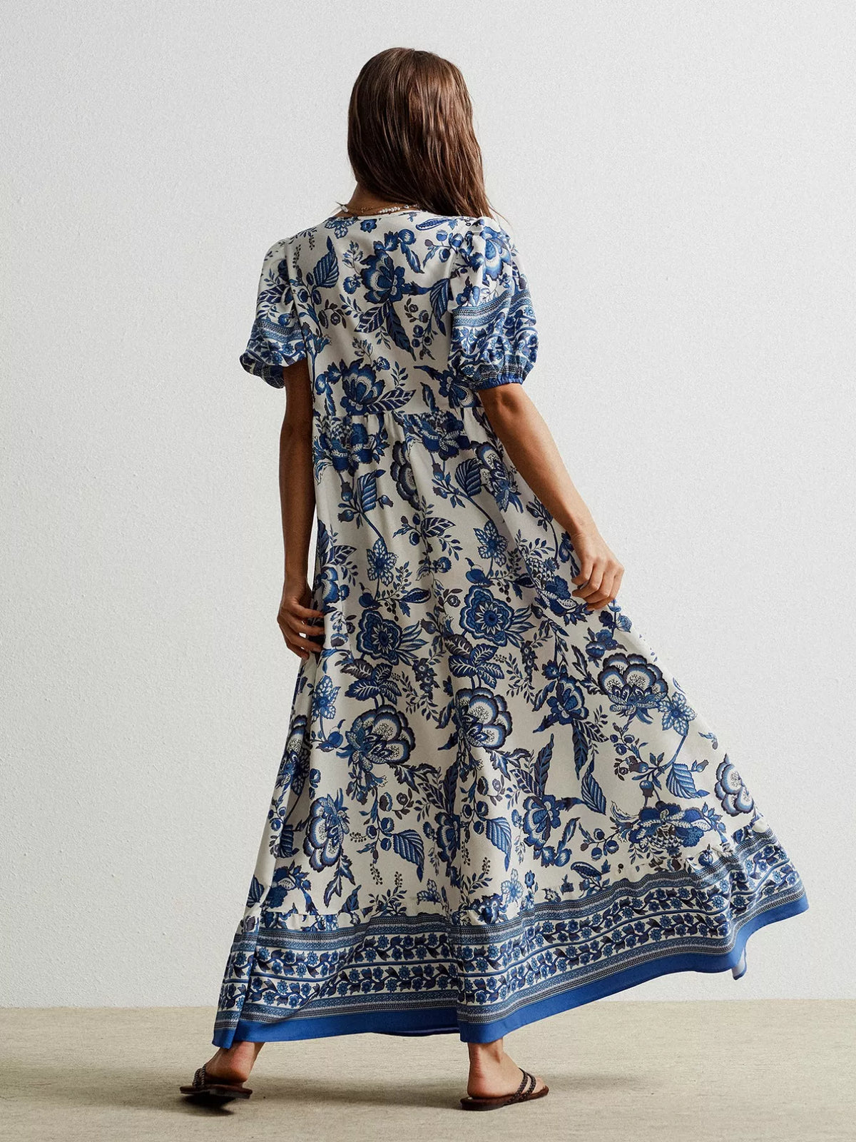 floral tie neck puff sleeve maxi dress in navy styled outfit view