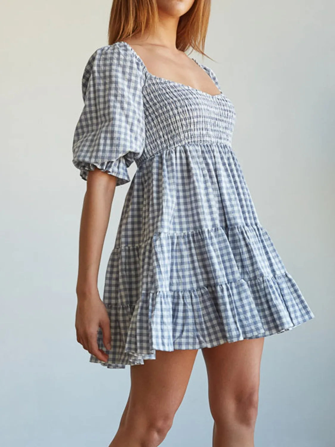 Ruffle Hem Plaid Mini Dress in Light Blue