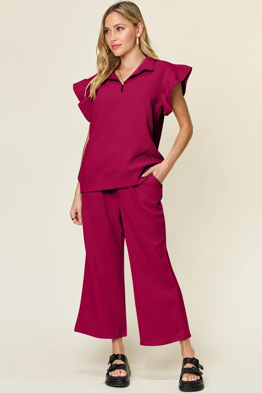 Styled view of the ruffle top and wide leg pants set