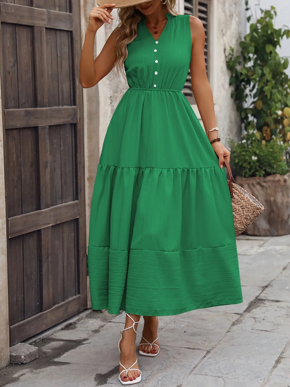 Notched sleeveless maxi tank dress, shoulder and sleeve detail