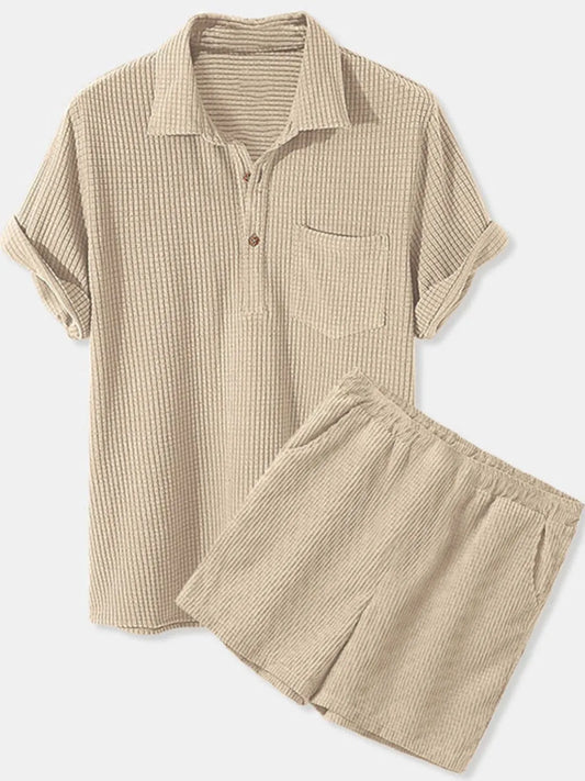 Men's Full Size Button Detail Short Sleeve Top and Shorts Set Plus Size Apricot - Fashorio