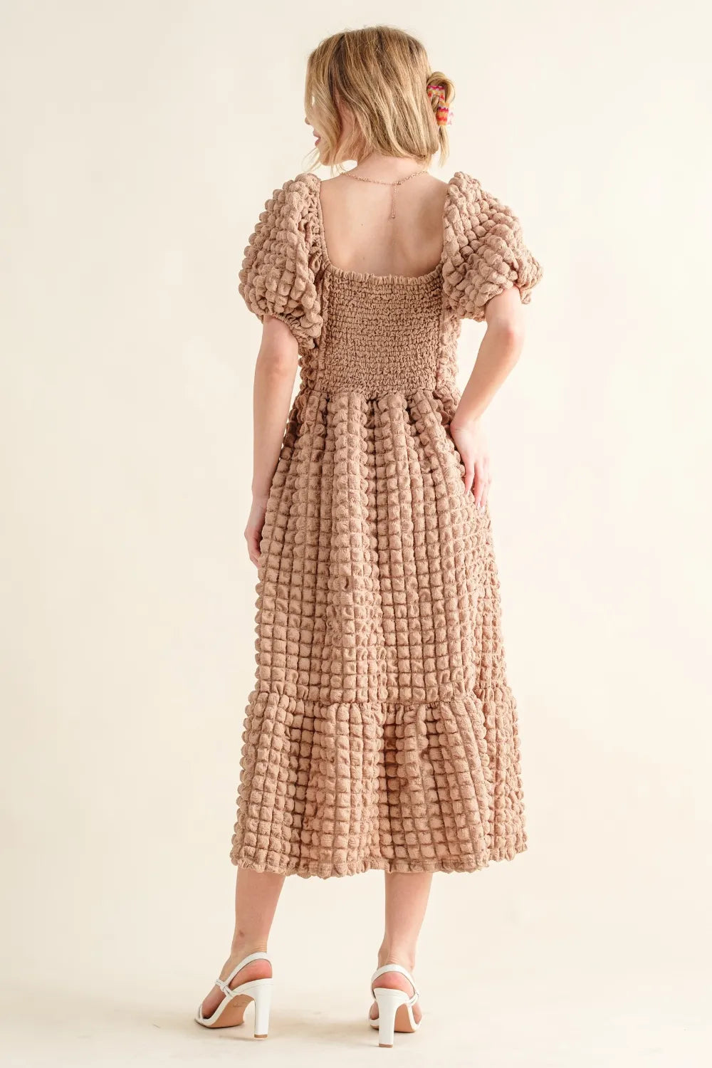 Square Neck Puff Sleeve Dress in Latte back view