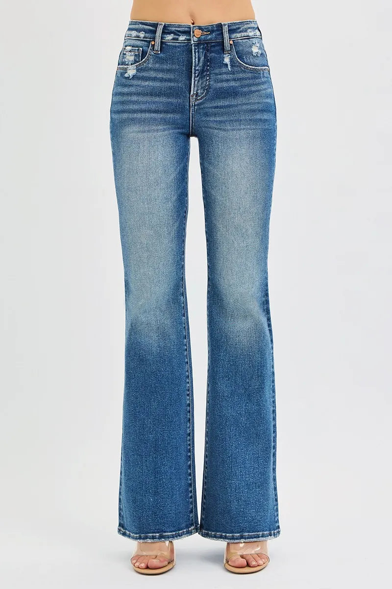 RISEN flare jeans side view showing sweeping leg