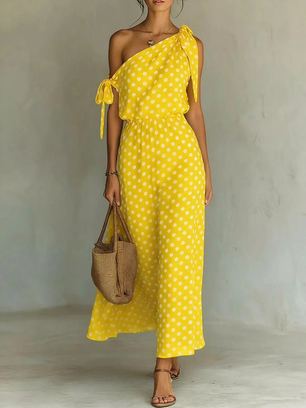 Flowing dot print maxi dress detail