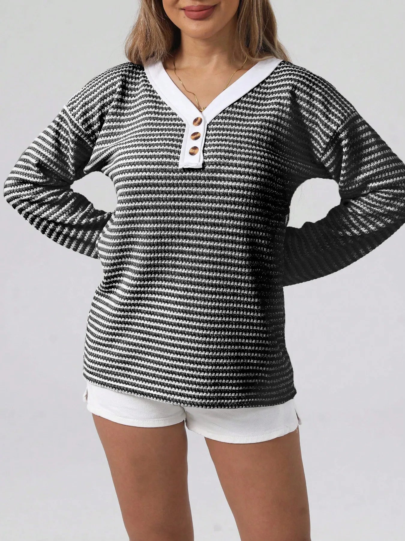 Striped Button Detail Long Sleeve Top Gray - Fashorio