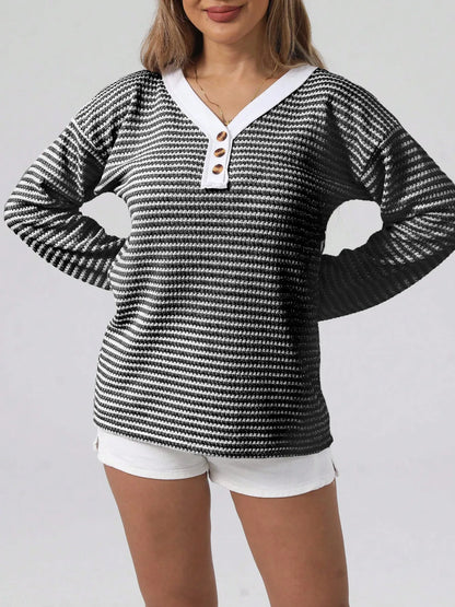 Striped Button Detail Long Sleeve Top Gray - Fashorio