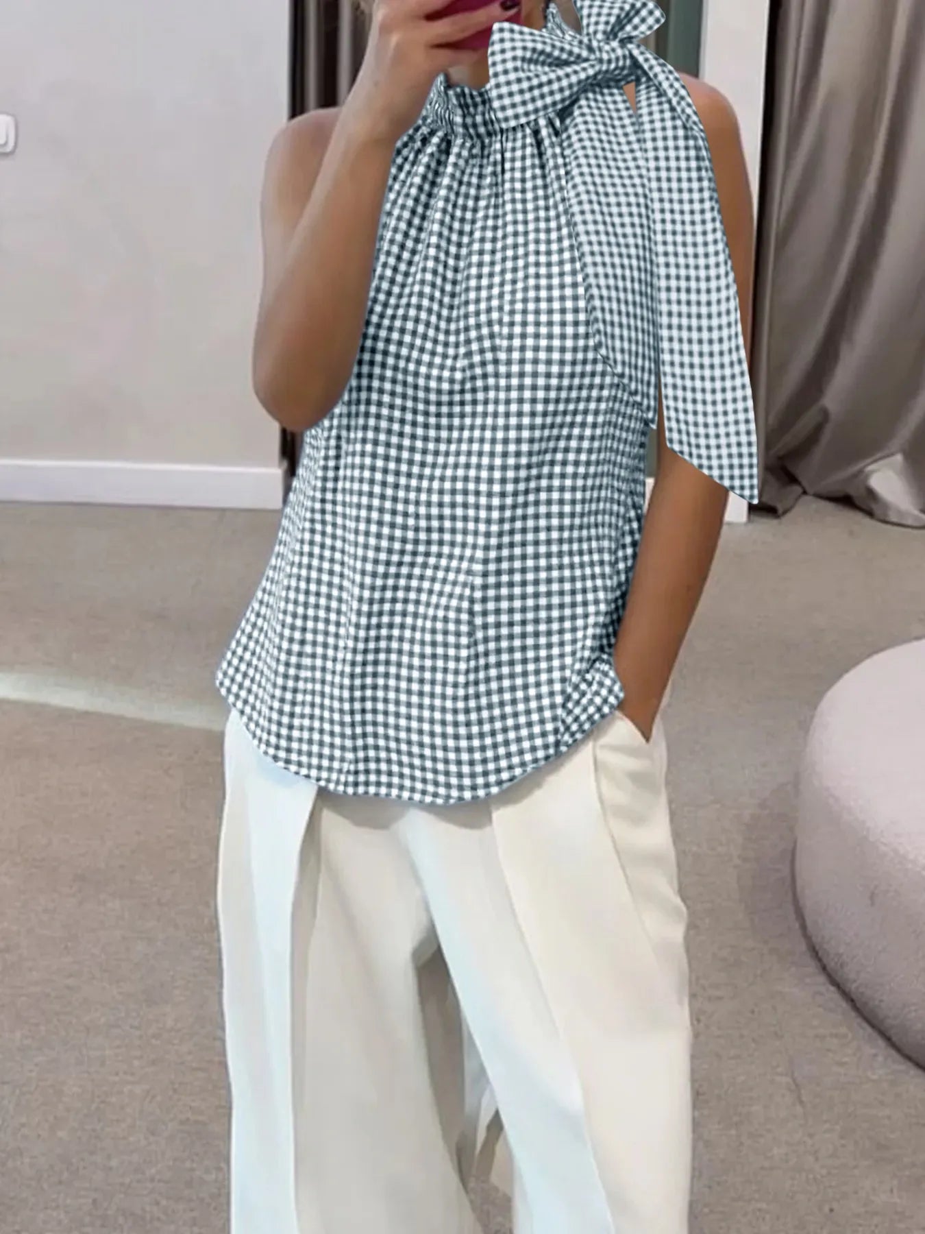 Asymmetric Gingham Bow Tie Sleeveless Top - Fashorio
