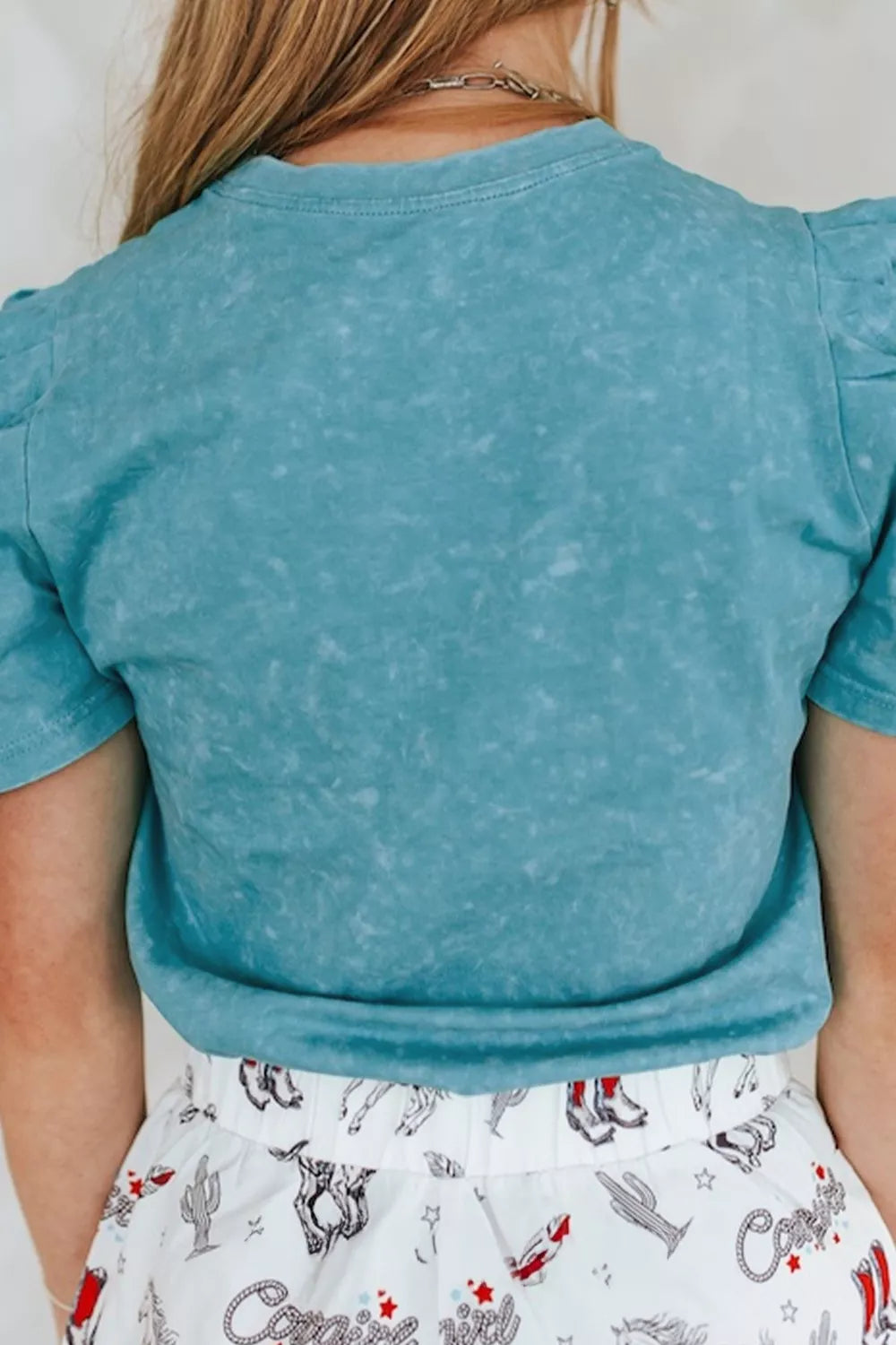 Cerulean embroidered puff sleeve cotton tee, side view