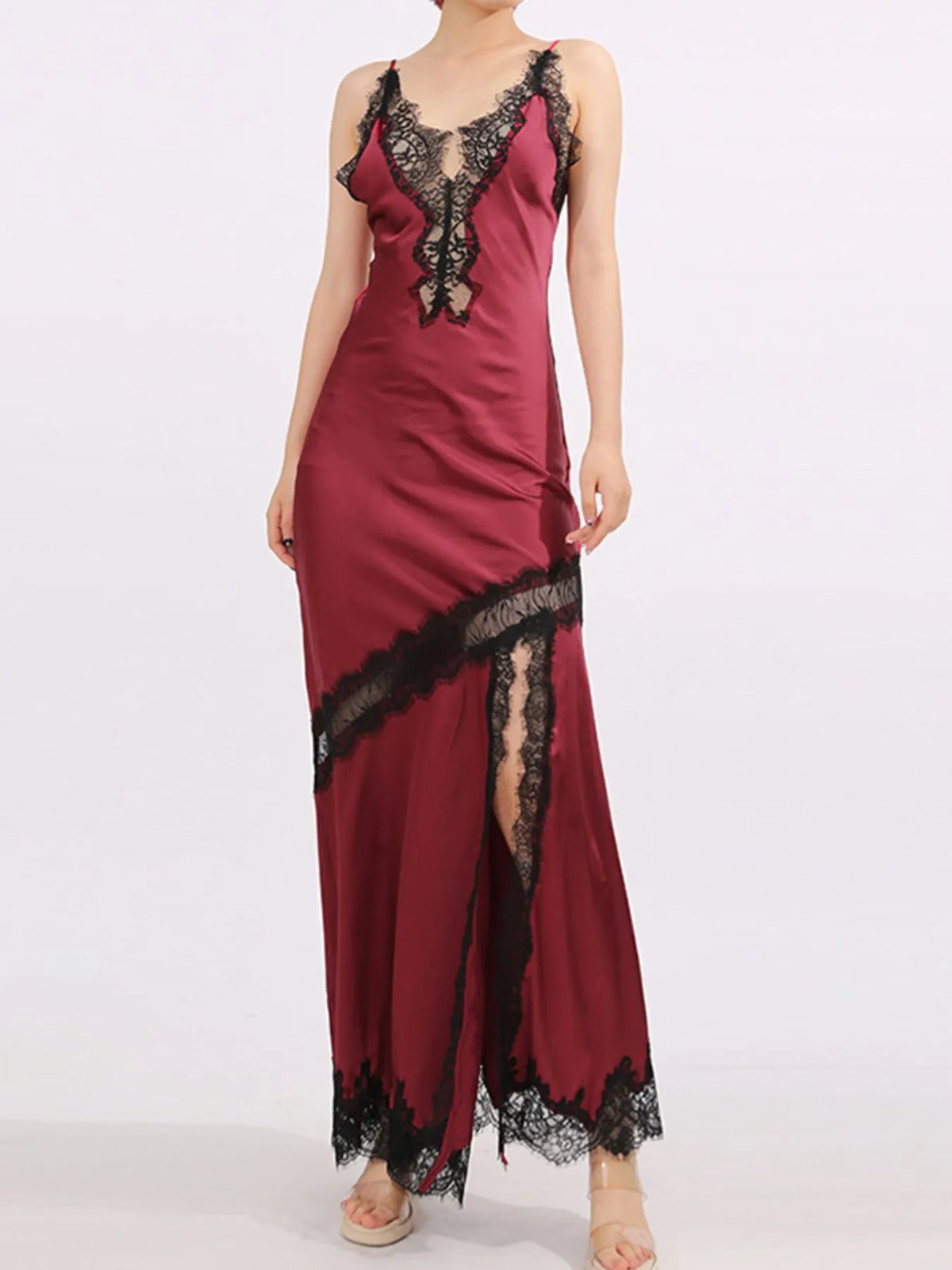 Burgundy slit lace detail maxi cami dress side view