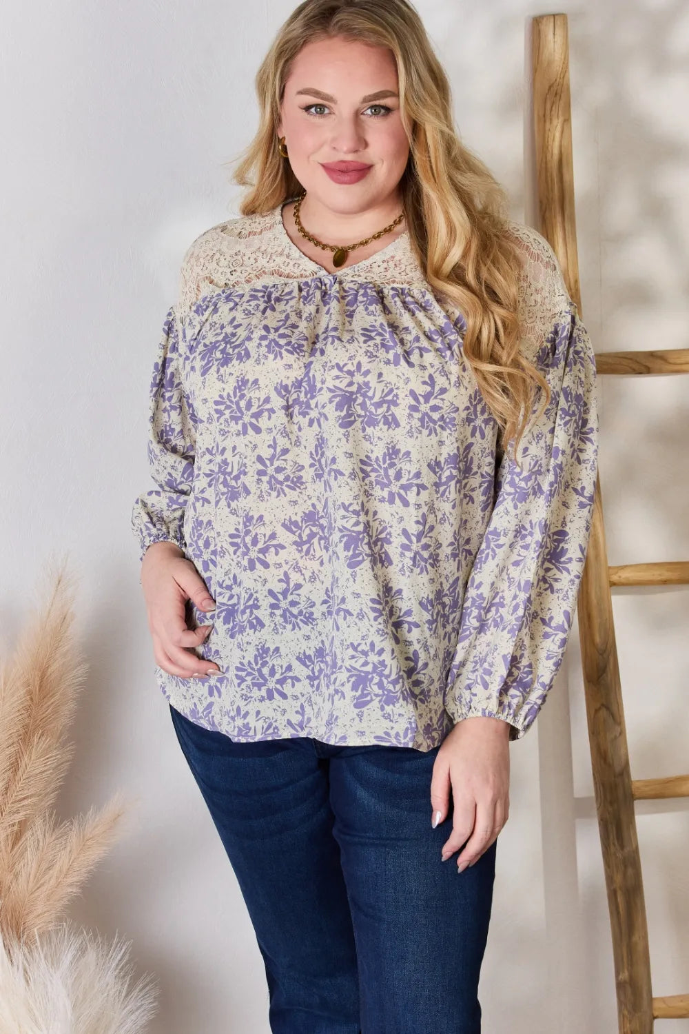 Hailey & Co Full Size Lace Detail Printed Blouse - Fashorio