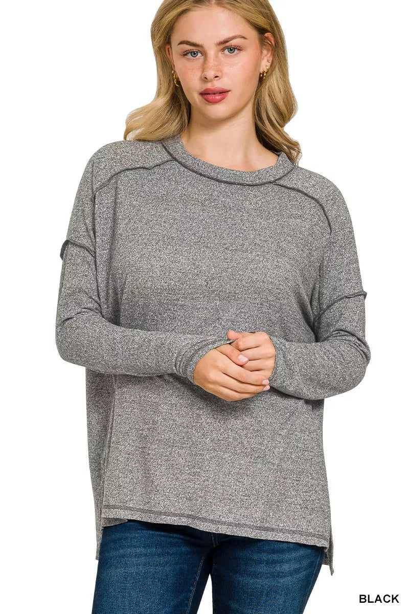 Black melange hacci hi low tee front view