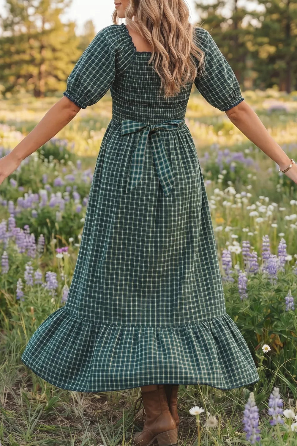 Full length view of the green plaid maxi dress