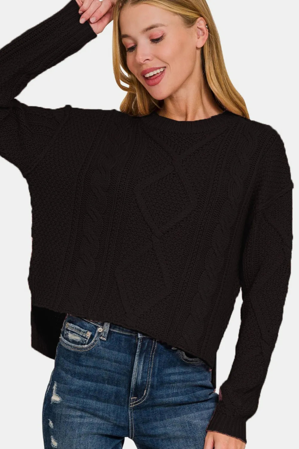 Cropped Cable Knit High Low Sweater in Black side view