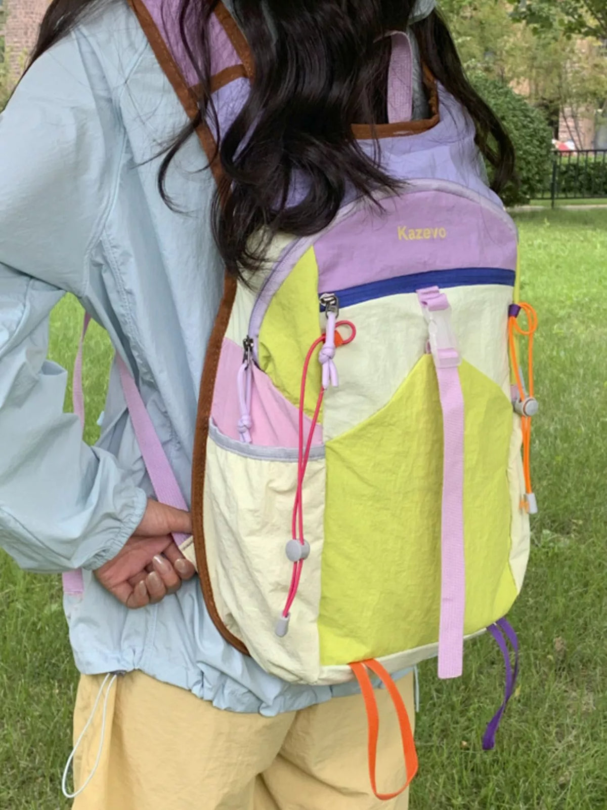 Pastel blue color block backpack interior compartment