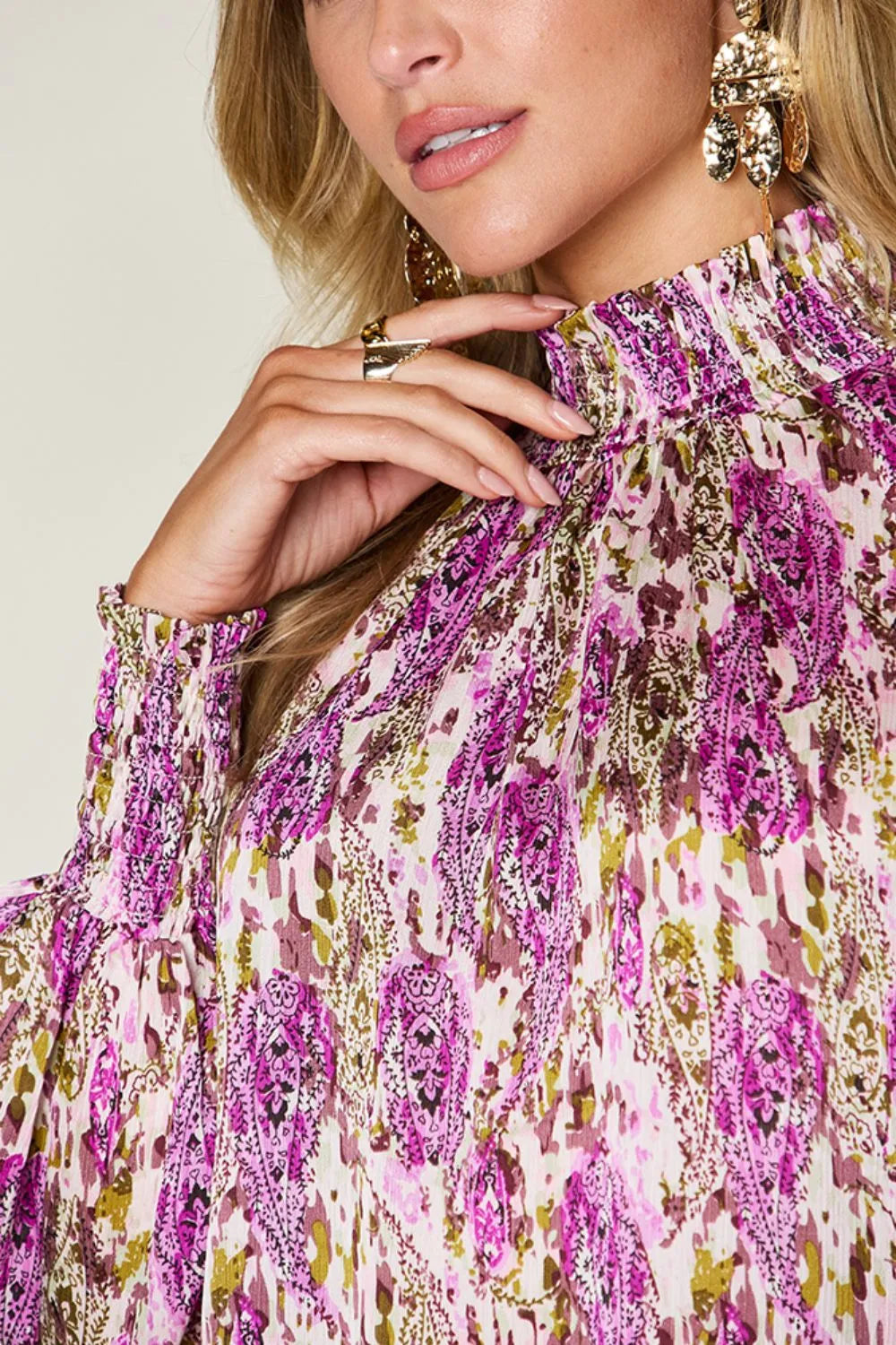 Double Take Printed Frill Smocked Long Sleeve Blouse, view 26